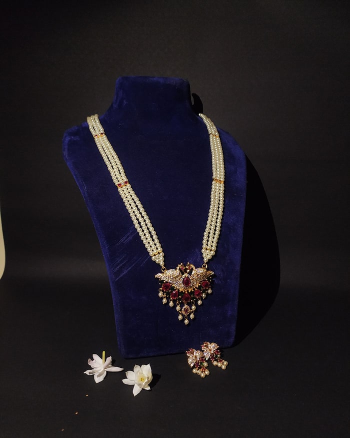 Chandrahar Pearl Bridal Set, Four-strand pearl with ruby and CZ pendant, matching earrings