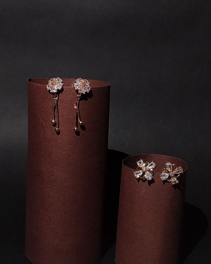 Rose Gold Floral CZ Studs, Pear-cut CZ flower cluster with a beaded tassel drop