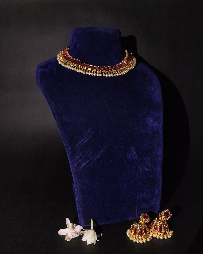 Temple Kemp Ruby Choker Set, Temple kemp work, ruby stones, pearl-drop fringe, with jhumkas
