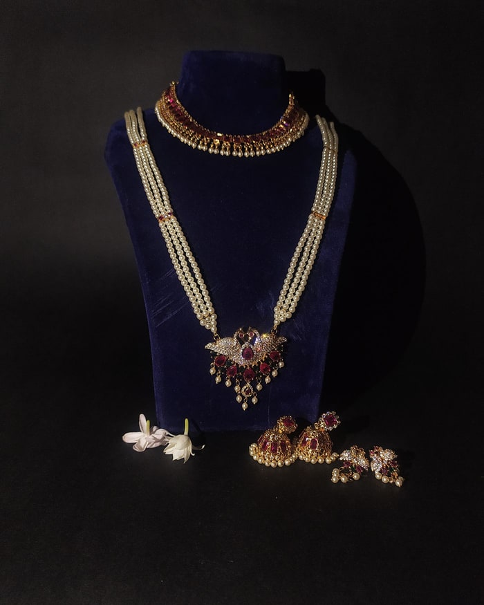 Temple Kemp Kairi Bridal Set, Kemp choker, triple-row pearl haar and mango pendant, with jhumkas