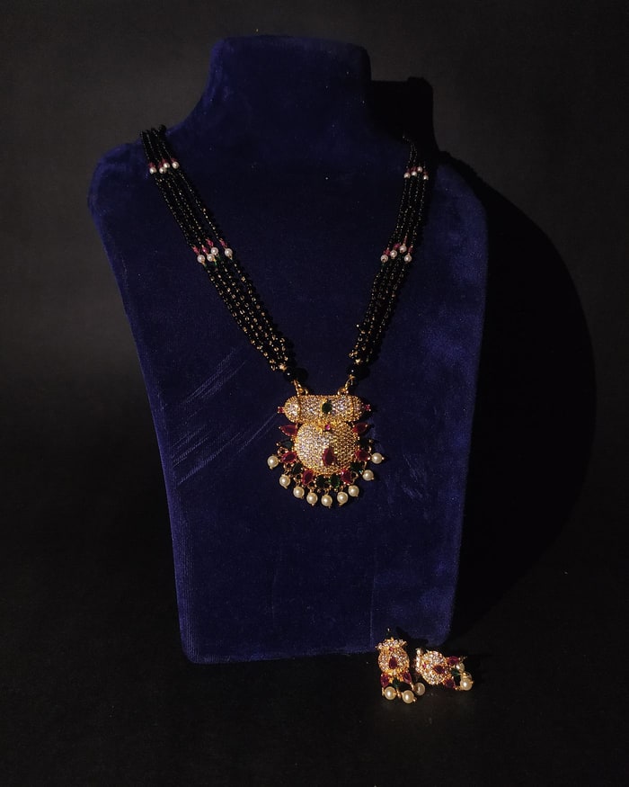 Pave CZ Disc Mangalsutra Set, Four-row black beads, pave CZ double-disc pendant, matching earrings