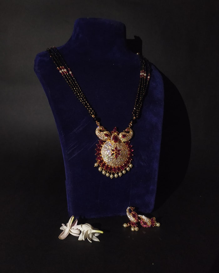 Mor Peacock Mangalsutra Set, Peacock-motif CZ pendant with pearl fringe, matching earrings