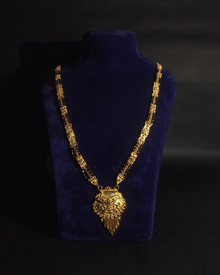 Floral Domed Vati Mangalsutra, Twin black-bead strands, floral bar links, domed vati with tassels
