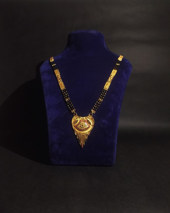 Nakshi Fan Tassel Mangalsutra, Triple-strand black beads, ornate nakshi vati, fan tassel