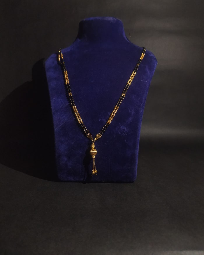 Fluted Vati Tassel Mangalsutra, Fine double strand, fluted gold vati, short chain tassel, adjustable
