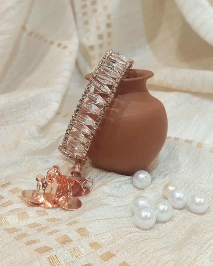 Rose Gold Phool Bangle, Crystal baguette cuff with a dangling flower charm