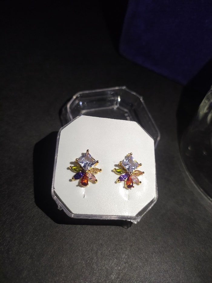 Rangoli Phool Studs, Flower stud, multicolour marquise petals around a princess-cut centre
