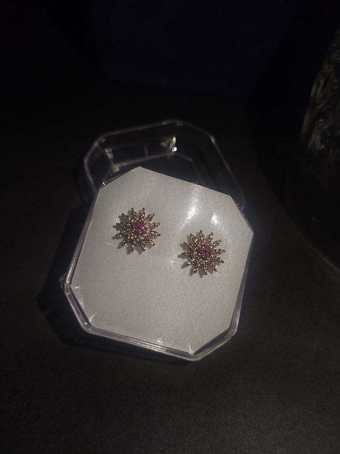 Tara Studs, Starburst stud, white CZ rays with a pink centre stone