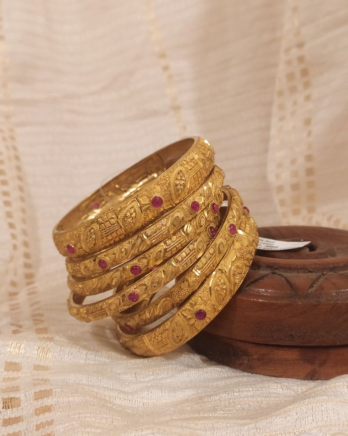 Nakshi Kada Set, Nakshi-carved floral bangle set of four, ruby cabochon dots