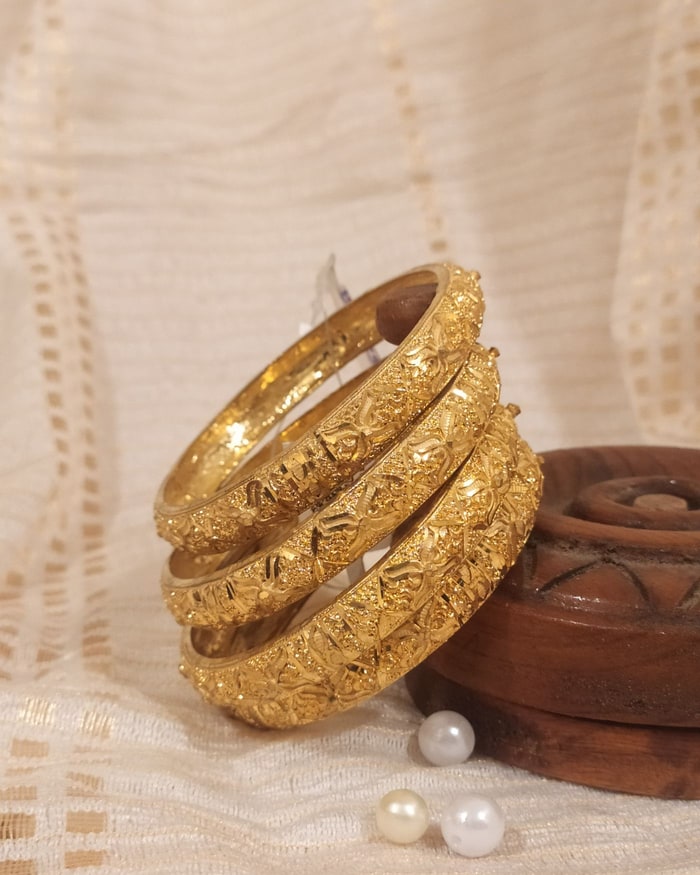 Nakshi Phool Kada, Bold floral and leaf carved wide kada, set of three, high-polish antique gold
