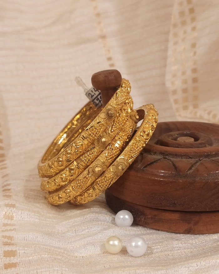 Nakshi Kada Set, Nakshi-carved floral bangle set of four, faceted gold bezels